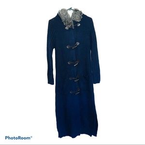 Navy blue sweater duster with faux fur hood